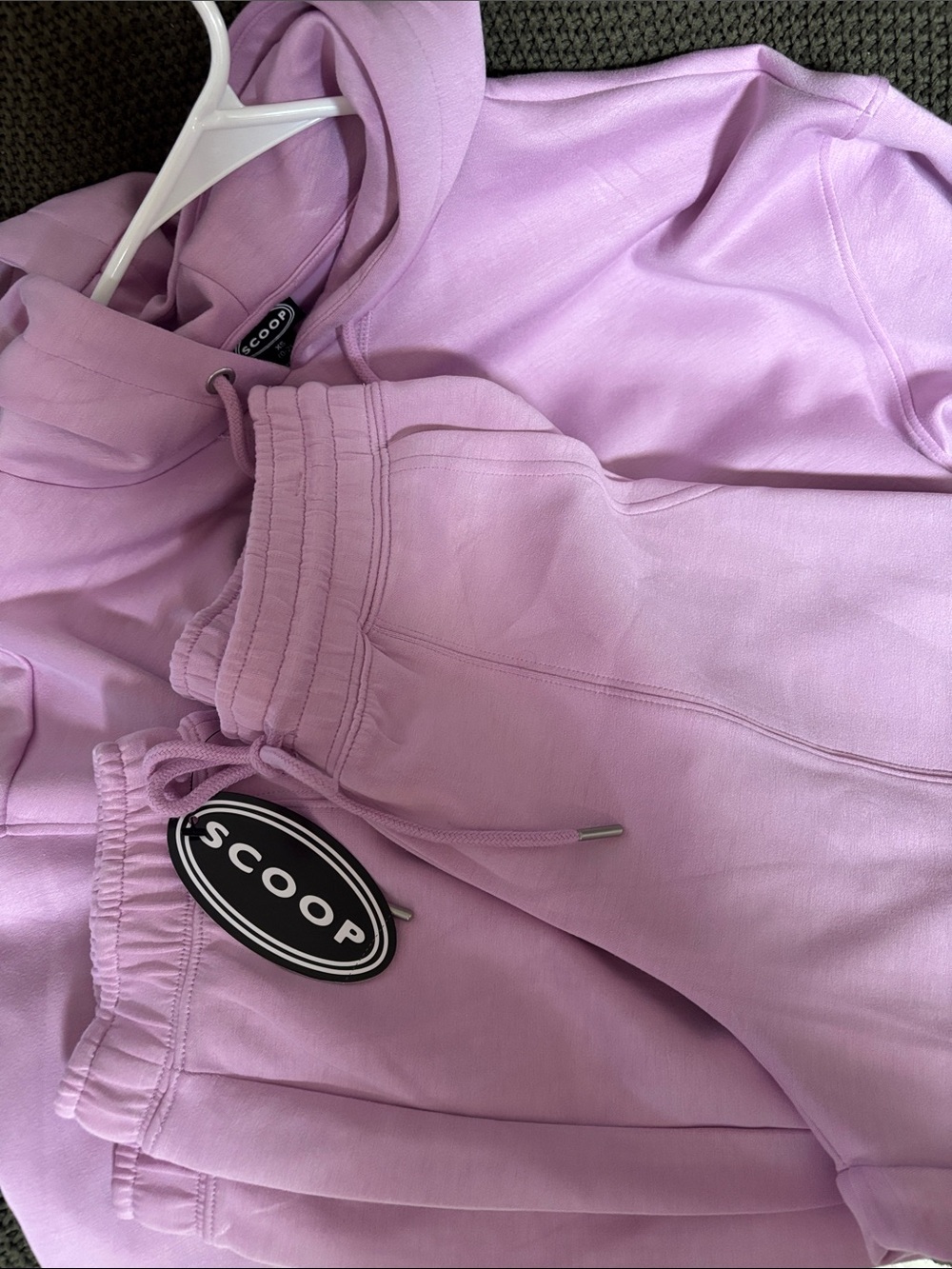 New Scoop Scuba Knit set in light pink hoodie and jogger pants very comfy pair
